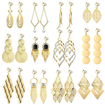 Hicarer 12 Pairs Clip on Earrings Dangle Drop Dangle Earrings Set Bohemian Tassel Pendant Plated Ear Non Piercing for Women Jewelry Gifts Wedding Party - color: Golden