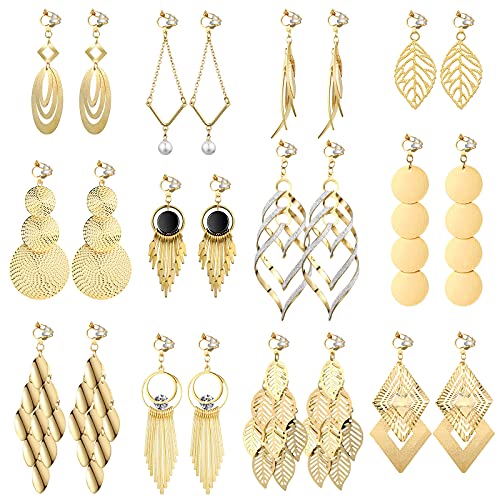 Hicarer 12 Pairs Clip on Earrings Dangle Drop Dangle Earrings Set Bohemian Tassel Pendant Plated Ear Non Piercing for Women Jewelry Gifts Wedding Party - color: Golden