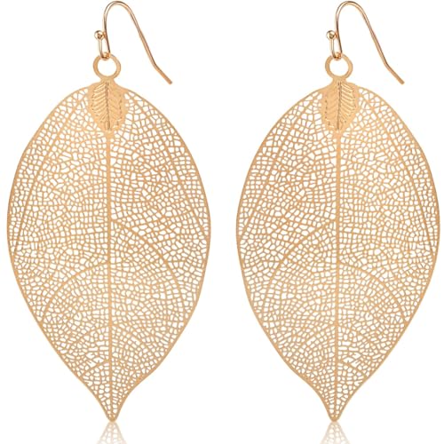 Leaf Earrings for Women - Gold or Silver Tone Filigree Dangle Earrings | Plated in Gold Tone or Silver Tone - color: 3.5" inch - Large Gold