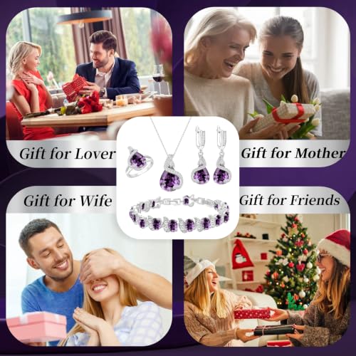 Jewelry Set for Women Teardrop Earrings Necklace Ring Bracelet Set Party Wedding Jewelry Gift for Mother Wife Friend - color: Purple