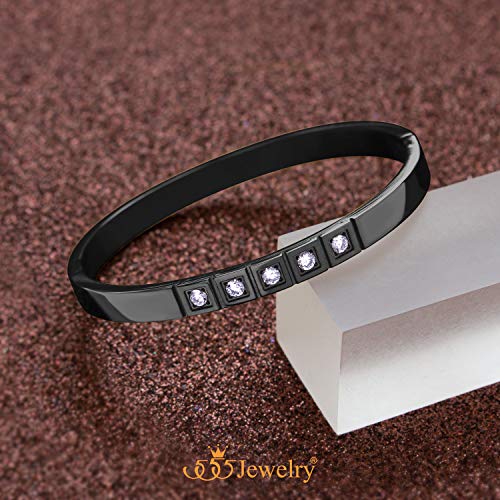 555Jewelry Stainless Steel CZ Cuff Hinged Bangle Bracelet for Men & Women - color: Black