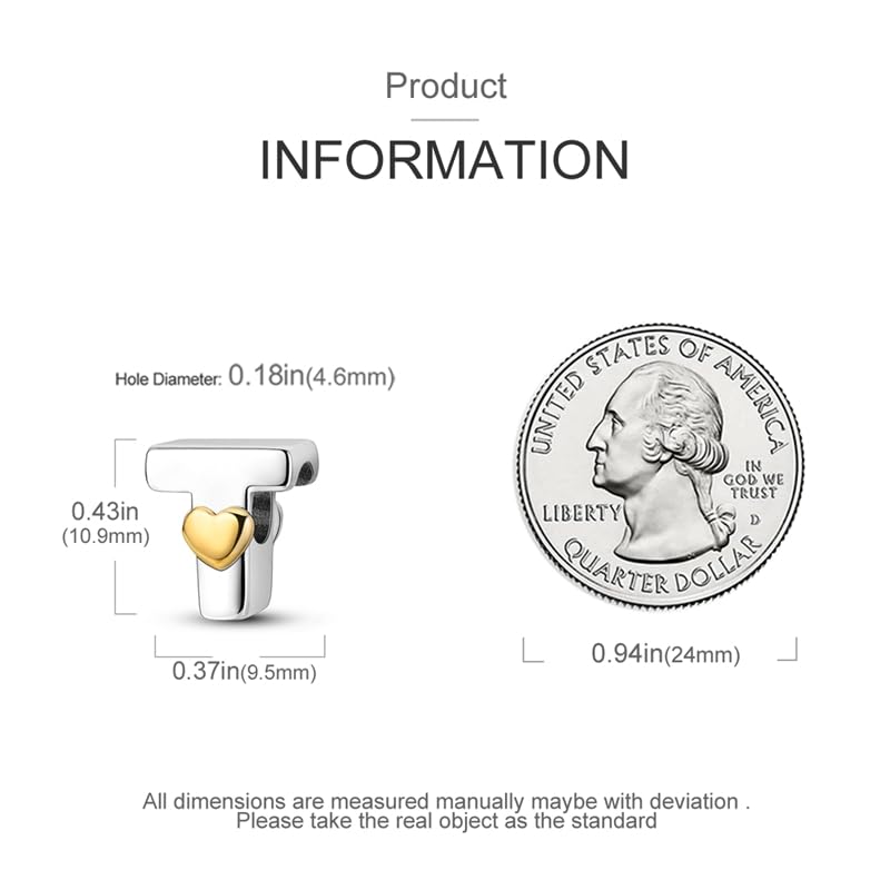 Women 925 Sterling Silver Charms A-Z Heart Letters Beads Pendant for Bracelets Women Fit Pandora Bracelets Hypoallergenic Beads - color: T