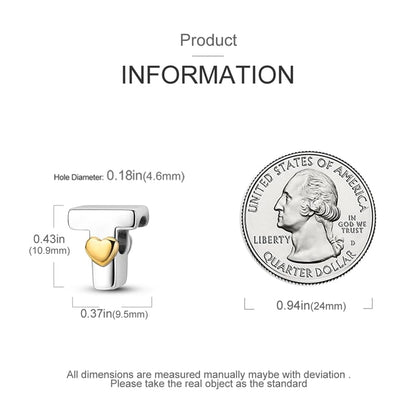 Women 925 Sterling Silver Charms A-Z Heart Letters Beads Pendant for Bracelets Women Fit Pandora Bracelets Hypoallergenic Beads - color: T