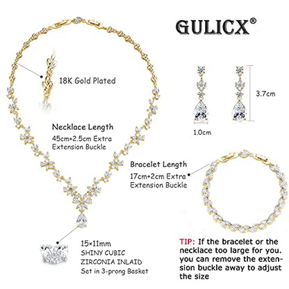 GULICX Wedding Jewelry for Bride, Silver Bridal Necklace Earrings Bracelet Set with Clear Cubic Zirconia, Bridemaids Jewelry Set for Wedding, Crystal Wedding Party Jewelry Set for Women Girls - color: Gold Plated