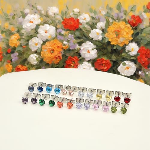 12 Pairs Surgical Stainless Steel Stud Earring Round Heart Star Square Cubic Zirconia Birthstone Stud Earrings Set for Women - color: Silver heart 5mm