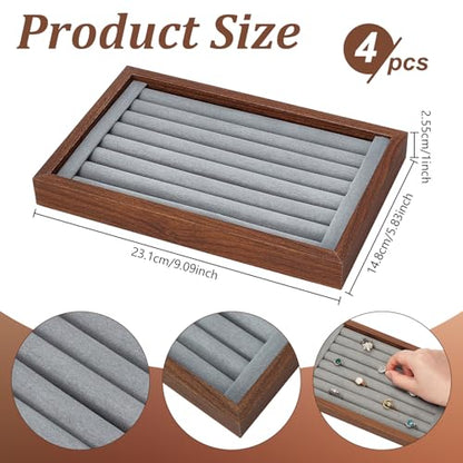 4 Pack Wood Ring Displays, Wooden Ring Holder Display Case Earring Organizer Velvet Jewelry Tray Jewelry Organizer Stand for Rings Earrings Selling, Coffee
