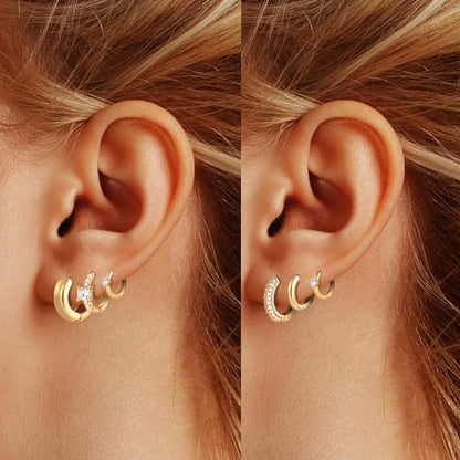 Wgoud Small Gold Hoop Earrings Set for Women, 6 Pairs 14K Gold Plated Hypoallergenic Lightweight Huggie Hoops Earrings, Trendy Cartilage Cubic Zirconia Earrings for Women Gifts. - color: C-Gold hoops