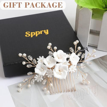 Fancy White Flower Bride Wedding Hair Comb, Handmade Pearl Rhinestone Hair Accessory for Bridal Women (Gold with 5 Flowers) - color: Style 2 (with 5 Flowers)
