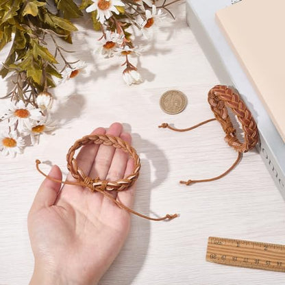 2PCS Adjustable Cowhide Woven Rope Bracelets for Men Women Punk Braided Genuine Leather Wrap Wristband Rustic Wrist Band Cuff Bracelet for Daily Wear Costume Party Gift(Brown) - color: Brown