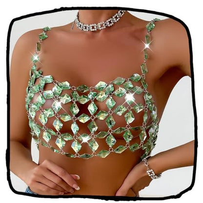 Rhinestones Body Chain Suit Silver Crystal Bikini Bra Underwear Sexy Sparkly Party Body Jewelry Accessories for Women - color: Green