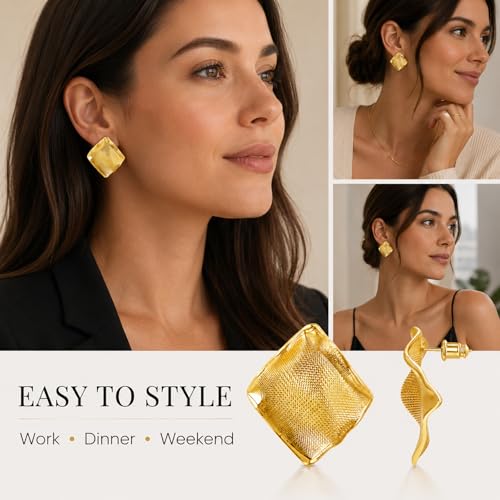 18K Gold Plated Statement Stud Earrings for Women Hypoallergenic Geometric Wave Earrings Irregular Textured Chunky Fashion Jewelry Gifts for Womens - color: Gold