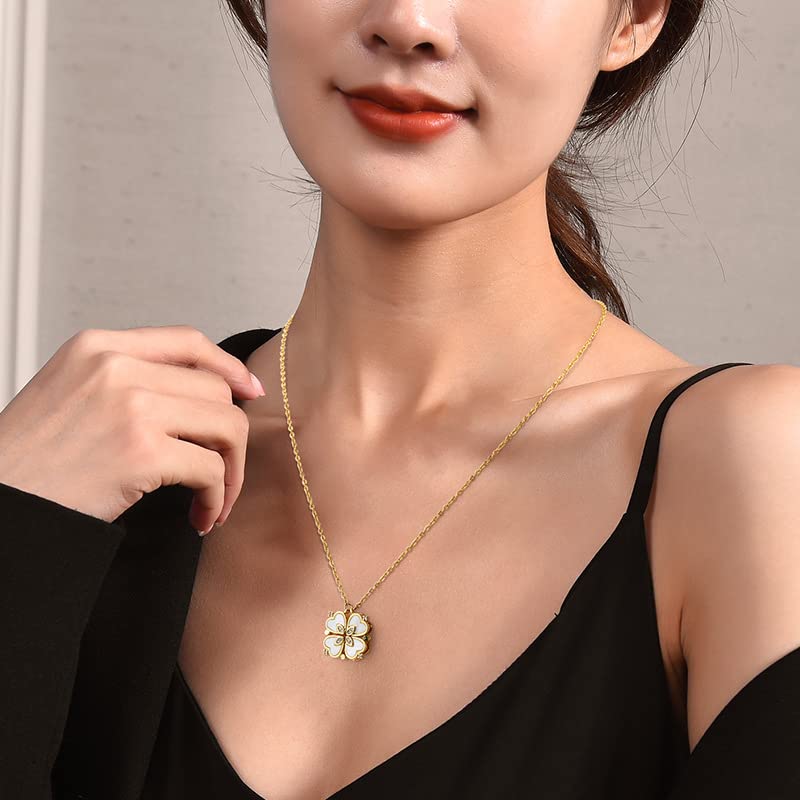 Four Leaf Clover Necklace Foldable for Women,Four Heart Grass Women's Necklaces Crocker,Retro Magnetic Folding Love Heart Pendant One Style,Two Wearing Methods - color: Gold