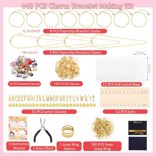 Wurosi Gold 443PCS Gold Charm Bracelet Necklace Making Kit for Women | Includ 8 Paperclip Chain Bracelets,4 Paperclip Chain Necklaces,Accessories for Jewelry Making,Crafts Beginner Supplies Gift - color: 443 Pcs Gold Bracelet Necklace