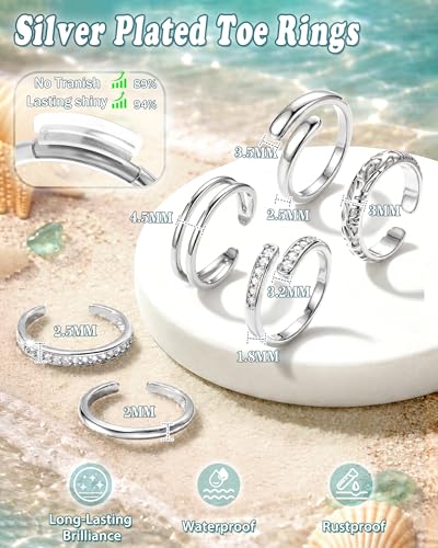 Besteel 6 PCS Toe Rings for Women - 14K Gold Filled Non Tarnish Waterproof | Adjustable Silver Toe Ring Simple Open Band Hug CZ Chunky Flower Toe Rings Set Trendy Summer Beach Foot Jewelry for Women - style: Silver: hug&cz toe ring