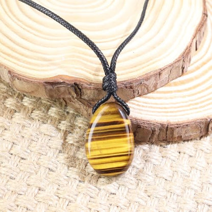 Natural Gemstone Pendant Necklace Healing Crystal Stone Choker Necklace Adjustable Waxed Black Rope for Men - color: Tiger's Eye