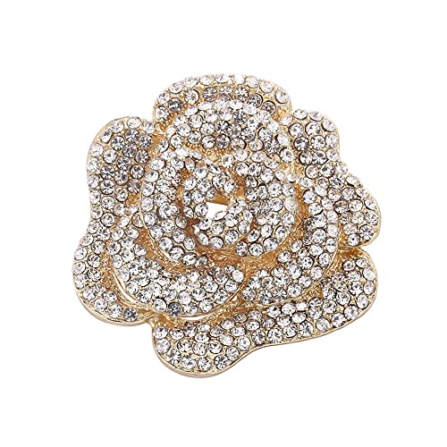 Rhinestone Rose Brooch Pin for Women Girls Fashion Crystal Big Blossom Flower Brooch Lapel Pins Elegant Dress Accessories Jewelry Boutonniere Corsage for Hat Bag Suit Tie Gift Wedding Holiday - color: Gold-Tone