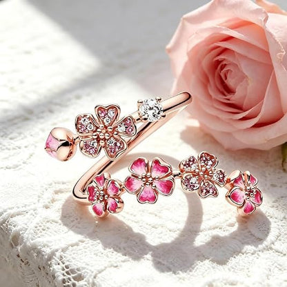 Peach Blossom Adjustable Ring, Pink Floral, Crystal Accents, Open Band, for Women, Romantic Cherry Blossom Style, Gift for Birthdays, Weddings - color: BLUE