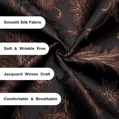 Hi-Tie Silk Mens Suit Vest Tie and Bowtie Lapel Pin Gold Tie Clip Paisley Floral Waistcoat 8PCS Set Tuxedo Wedding Party - color: Black and Brown, size: Large