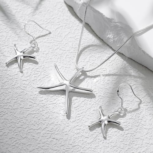 3 Circles Silver Hoop Earrings Necklace Set for Women Geometric Jewelry Set | 925 Silver Hypoallergenic Small Hoop Circle Geometry Textured Finish Minimalist Style Comfortable Wear - style: Starfish