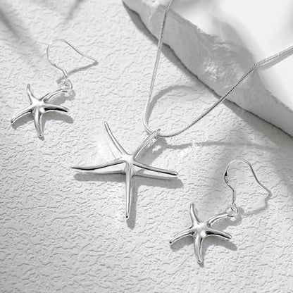 3 Circles Silver Hoop Earrings Necklace Set for Women Geometric Jewelry Set | 925 Silver Hypoallergenic Small Hoop Circle Geometry Textured Finish Minimalist Style Comfortable Wear - style: Starfish