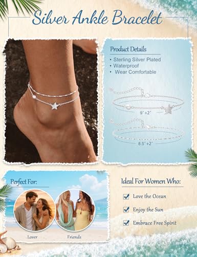 Gold Anklet Set for Women, Layered Beach Anklets | Layered gold-tone ankle bracelets, designed for beach days, vacations, and summer wear - style: Silver Anklet 1