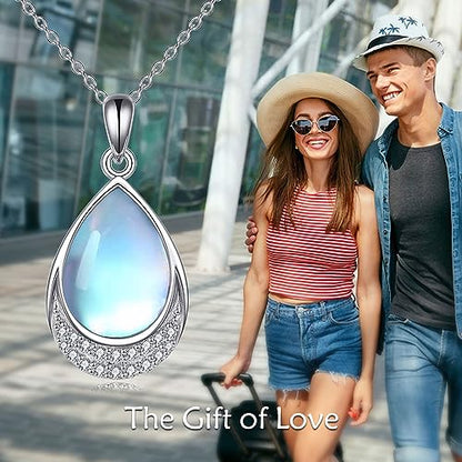 YAFEINI 925 Sterling Silver Moonstone Necklace Filigree Teardrop Pendant Necklace Jewelry for Women Girls - color: V-Cubic Zirconia Moonstone Necklace