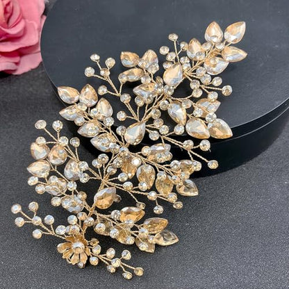 Wedding Hair Pieces for Brides, Rhinestone Bride Headpiece, Handmade Bridal Hair Accessories(Champagne) - color: Champagne
