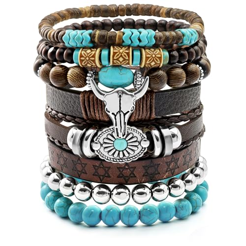 Stack Turquoise Western Bracelets for Women Boho Turquoise Beaded Concho Bangle Ox-Head Charm Cowboy Chic Bracelets Western Jewelry Cowgirl Accessory for Country Concert Outfits - color: Silver OX-Head