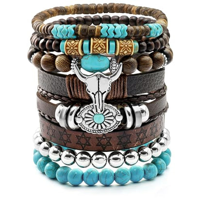 Stack Turquoise Western Bracelets for Women Boho Turquoise Beaded Concho Bangle Ox-Head Charm Cowboy Chic Bracelets Western Jewelry Cowgirl Accessory for Country Concert Outfits - color: Silver OX-Head