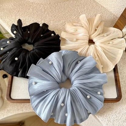 3Pcs Flowing Satin Scrunchies for Women Big Scrunchie with Pearl Pleated Satin Scrunchie Elastic Hair Ties White Black Blue Cute Scrunchy Ponytail Holders Large Scrunchies Womens Hair Accessories