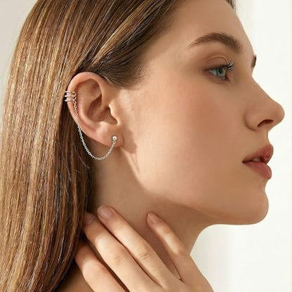 SLUYNZ 925 Sterling Silver Cuff Earrings Chain for Women Crawler Earrings Studs - color: A-Silver