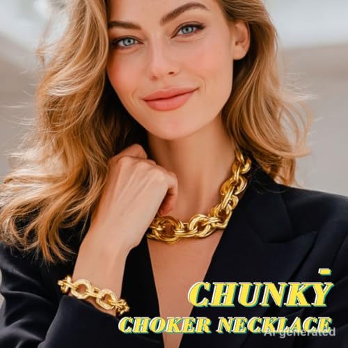 Chunky Choker Necklace Bracelet Sets Gold Cuban Link Chain Statement Jewelry Set for Women
