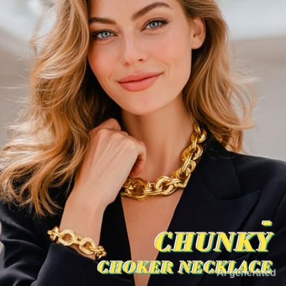 Chunky Choker Necklace Bracelet Sets Gold Cuban Link Chain Statement Jewelry Set for Women