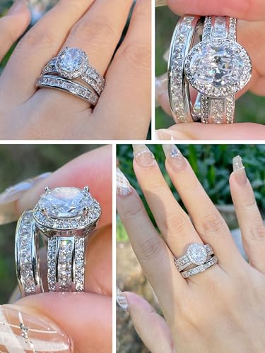 CEJUG 3Ct Princess Wedding Rings for Women Engagement Ring Set Bands 18k White Gold Plated Halo Cz Size 6-10 - color: White Oval
