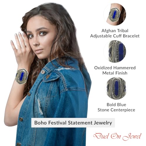 Afghan Baloch Tribal Wide Adjustable Cuff Bracelet for Women, Handmade Oxidized Alloy Wrist Cuff with Engraved Kuchi Inspired Design, Statement Bohemian Festival Jewelry, 0.8 to 3.5 Inch - style: Baloch Blue
