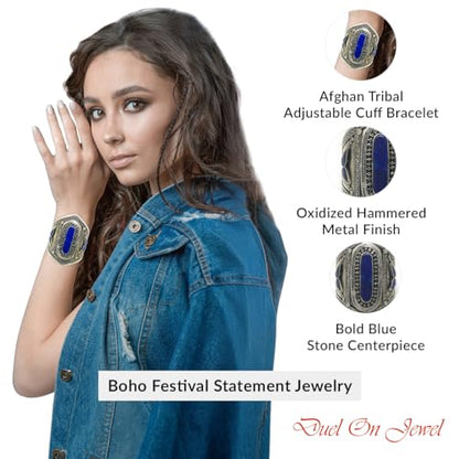 Afghan Baloch Tribal Wide Adjustable Cuff Bracelet for Women, Handmade Oxidized Alloy Wrist Cuff with Engraved Kuchi Inspired Design, Statement Bohemian Festival Jewelry, 0.8 to 3.5 Inch - style: Baloch Blue