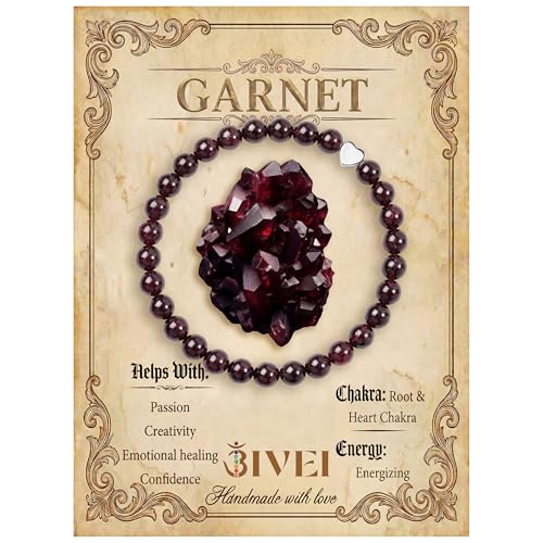 Bivei Crystal Stretch 6mm Bracelets for Women | Handmade Natural Stone Beaded Stretch Bracelet, Stainless Steel Heart Bead, Tranquility Yoga Gift Jewelry for Women - color: Garnet - Energizing