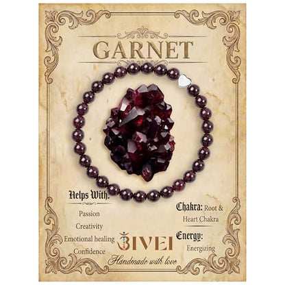 Bivei Crystal Stretch 6mm Bracelets for Women | Handmade Natural Stone Beaded Stretch Bracelet, Stainless Steel Heart Bead, Tranquility Yoga Gift Jewelry for Women - color: Garnet - Energizing