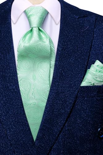 Dubulle Mens Paisley Striped Tie Woven Necktie for Men and Handkerchief Cufflinks Set Wedding Formal Business - color: B Mint Green
