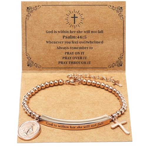 DS Inspirational Bracelet for Women Christian Engraved Bibler Verse Cross Butterfly Daisies Charm Bracelet, Exquisite Stainless Steel Jewelry Daughter Best Friend Bestie - style: God is Within Her She Will Not Fall-Rose Gold