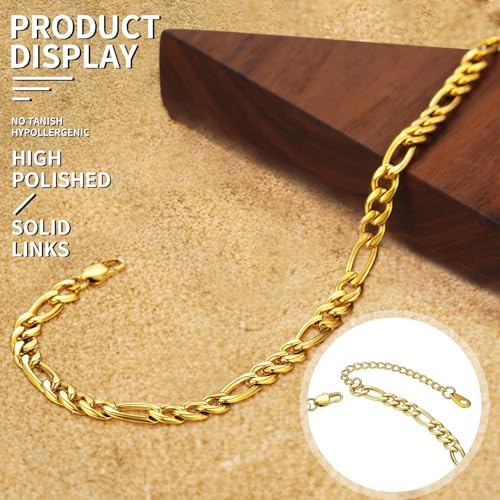 ChainsHouse Ankle Bracelets for Women, Stainless Steel Beaded Chain Ankle Bracelet, Womens Heart Anklets for Summer Beach Jewelry Gifts - color: F: figaro-5mm-gold