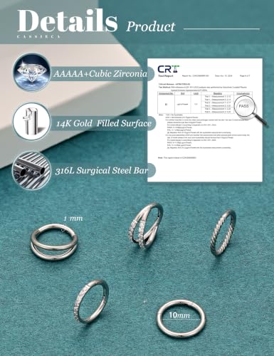 CASSIECA 5Pcs 18G 16G Surgical Steel Nose Rings Hoop for Women CZ Clicker Hinged Septum Ring Lip Helix Cartilage Double Hoop Earring Daith Rook Conch Body Piercing Jewelry for Women 8mm 10mm - style: Silver: 18G-10mm-X
