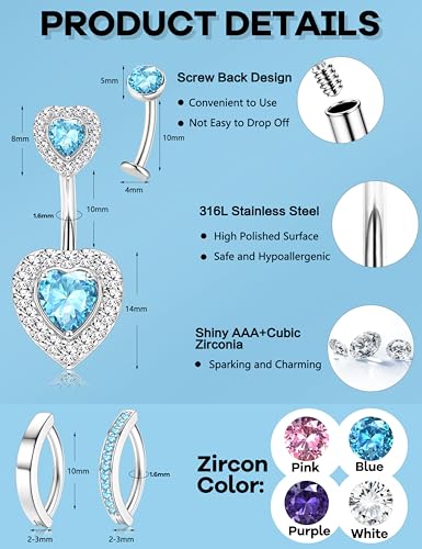 JeryWe Hypoallergenic Belly Button Ring Surgical Stainless Steel - Dainty Dangle Navel Piercing Jewelry CZ Bow Heart Ball Pearl Clicker Piercings for Women - color: Blue