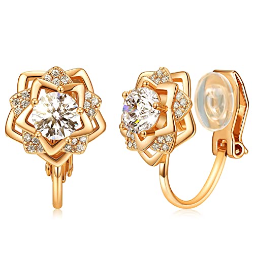 Clip on Earrings Women, 14K Gold Hoop Clip-On Earrings for Women, Hypoallergenic Non Pierced Croissant Earrings - color: Gold Flower