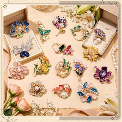 Sasylvia 16 Pcs Women Brooch Set Rhinestone Vintage Animal Insect Plant Pins Brooches Bulk for Christmas Women Girls Gifts - style: Flower
