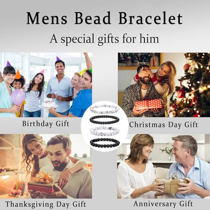 Mens Bead Bracelet Set - Adjustable Elastic Rope With 6&8MM Natural Stone Multi-Colored Beads - Tiger Eye Bracelets for Men - Gift - style: 4,white,black bracelet