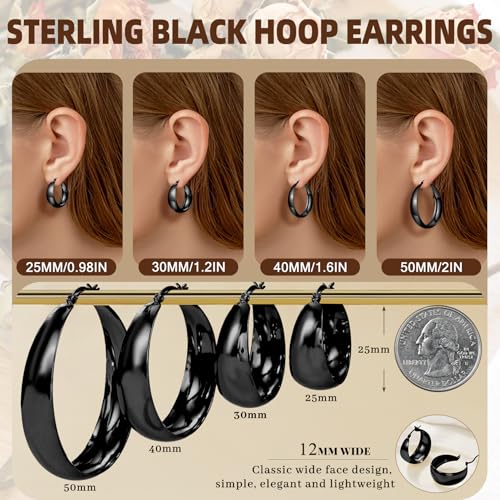Senteria 12mm Wide Thick Sterling Silver Hoop Earrings Hypoallergenic | 14K Real Gold Plated Hoops Large Earring Lightweight Chunky Hoops Earring for Women Gift for Birthday Christmas 25/30/40/50MM - color: Black-25mm
