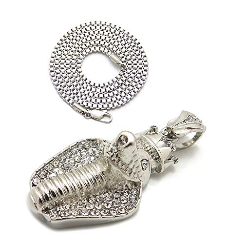 Fashion 21 Unisex Iced Out King Crowned Cobra Snake Pendant 24" Various Chain Necklace in Gold, Silver Tone - color: Silver / 2mm 24" Box Chain