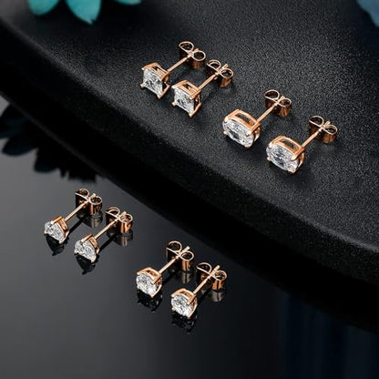 CZ Stud Earrings Set 4 Pairs, Multiple Shapes - Round Heart Princess Cut Oval Clear Cubic Zirconias, White Gold/Rose Gold/Gold - color: Rose Gold