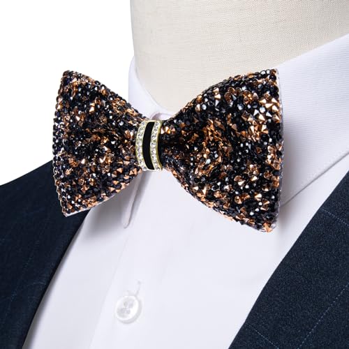 DiBanGu Mens Rhinestone Bow Tie with Ring and Lapel Pin Set | Adjustable Strap,Pre-tied Style,3PCS,Sequin Diamond Bowties，Solid/Mix Color,Shiny Accessory,for Party Prom Banquet Wedding - color: Black and Gold